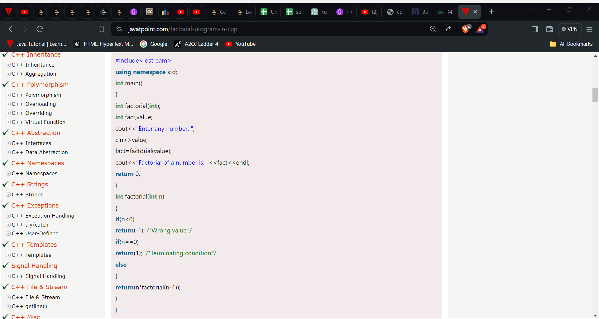 Factorial Program in C++ - javatpoint - Brave